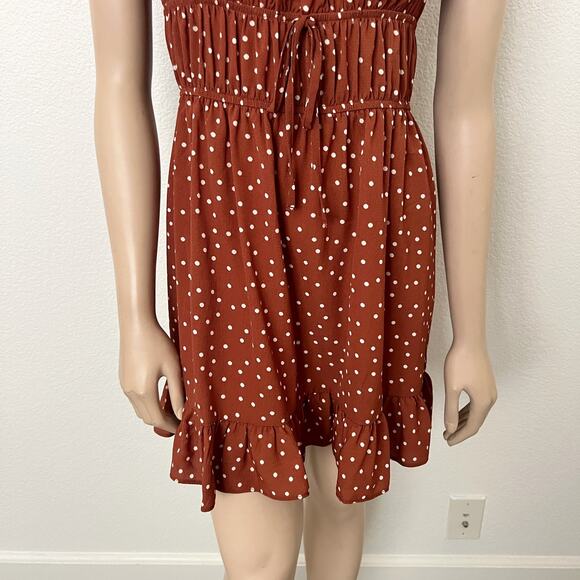 [ASOS] Brown White Polka Dot Print Babydoll Shirred Puff Sleeve Mini Dress Sz 14 - Picture 6 of 11